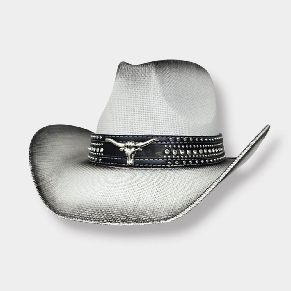 Gray Western Steer Head Studded Band Straw Cowboy Hat Womens Accessory